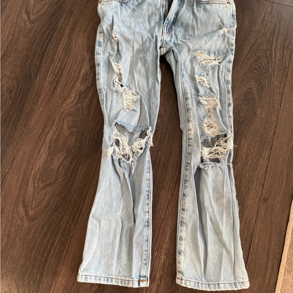 Forever 21 Light Blue Distressed Straight Leg Jeans